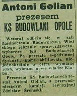 Antoni Golian prezesem Budowlanych Opole (1958)