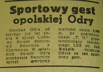 Sportowy gest "Odry" Opole wobec "Swornicy" Czarnowąsy