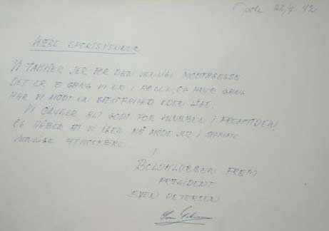 Pamiątkowy wpis do Złotej Księgi "Odry" Opole kierownictwa klubu "Frem" Kopenhaga